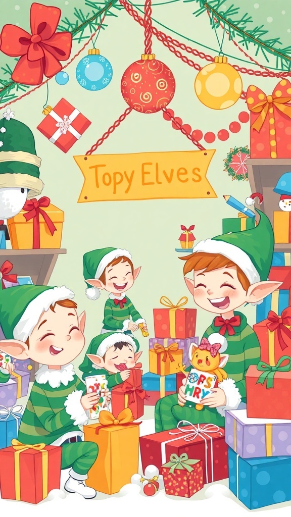 A joyful scene of elves in a toy workshop, filled with gifts and holiday decorations.